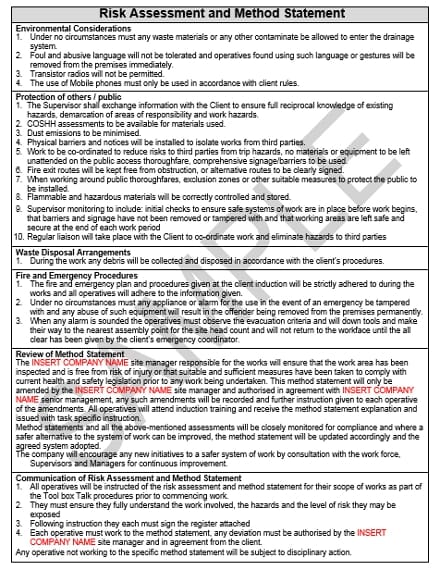 Risk & Method Statement Drainage Cleaning | Seguro